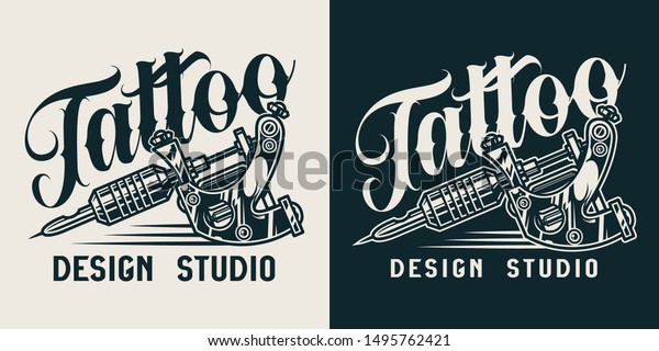 Vintage tattoo studio\
monochrome logo with professional tattoo machine isolated vector\
illustration