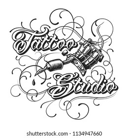 Vintage tattoo studio monochrome logotype with inscription tattoo machine and curved lines isolated vector illustration