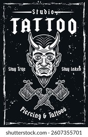 Vintage tattoo studio poster featuring devil man head and crossed tattoo machines. Bold monochrome design perfect for emblem, print, apparel, or branding in classic tattoo style