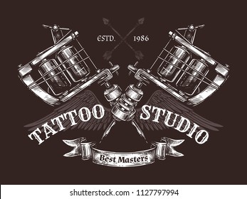 Vintage tattoo studio poster with two crossed tattoo machines. Vector poster in hand drawn sketch style