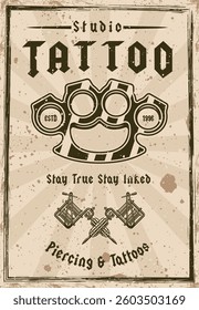 Vintage tattoo studio poster vector illustration with classic tattoo machines, skull, and bold typography. Perfect for tattoo shop branding, retro designs, and artistic emblem creation