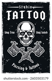 Vintage tattoo studio poster vector illustration with classic tattoo machines, skull, and bold typography. Perfect for tattoo shop branding, retro designs, and artistic emblem creation
