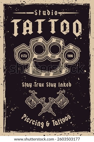 Vintage tattoo studio poster vector illustration with classic tattoo machines, skull, and bold typography. Perfect for tattoo shop branding, retro designs, and artistic emblem creation