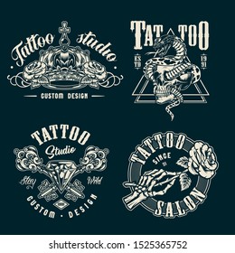 Vintage tattoo studio prints with monochrome style royal crown crossed medieval elegant keys skeleton hand holding rose diamond snake entwined with skull isolated vector illustration