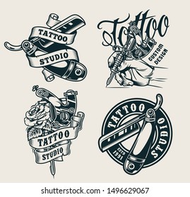 Vintage tattoo studio prints with straight razors rose male hand holding tattoo machine isolated vector illustration