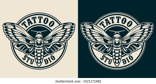 Vintage tattoo studio round label with beautiful death head butterfly in monochrome style isolated vector illustration