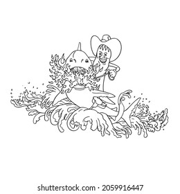 Vintage tattoo style illustration of a cowboy hot chili pepper riding a great white shark breathing fire on a saddle jumping up with waves on isolated white background done in black and white.