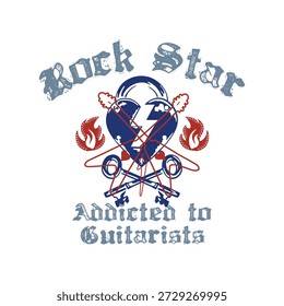 Logotipo estilo tatuagem vintage. Ilustração vetorial do texto de estrela rock com coração, chamas e chaves. Viciado em guitarristas slogan para o design de vestuário.