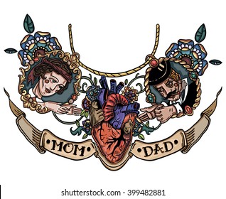 Vintage Tattoo Template Heart Mom Dad With Ribbons And Flowers