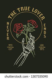 Vintage tattoo vector illustration of skull hand holding rose for his lover