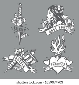 Vintage tattoos collection with attractive woman dagger tattoo machine fiery heart flowers diamond and ribbons with different inscriptions isolated vector illustration