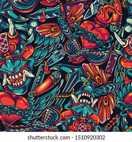 Vintage tattoos colorful seamless pattern with dagger knife devil head flying swallow butterfly bone anchor fiery heart in barbed wire vector illustration