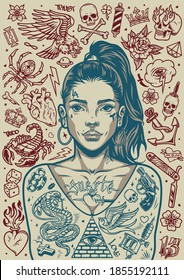 Vintage tattoos monochrome poster of pretty chicano girl with ponytail and various tattoo designs vector illustration