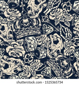 Vintage tattoos monochrome seamless pattern with ornate royal crown skull dice cat skull medieval key diamond skeleton hand holding rose vector illustration
