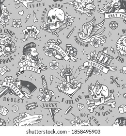 Tatuajes vintage patrón sin fisuras con animales emblemas de juegos de barbershop marinos y etiquetas en ilustración vectorial de estilo monocromo