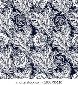 Vintage tattoos seamless pattern and beautiful roses   fire vector illustration