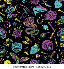 Vintage tattoos seamless pattern with bright colorful designs on dark background vector illustration