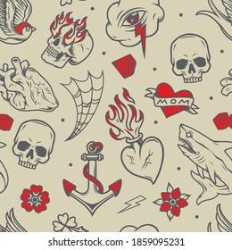 Vintage tattoos seamless pattern with shark ship anchor skulls hearts dice diamond spiderweb flowers swallow cloud with eye and lightning in black and red colors vector illustration