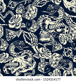 Vintage tattoos seamless pattern with skeleton hand holding rose antique key dice diamond snake entwined with human and cat skulls in monochrome style vector illustration