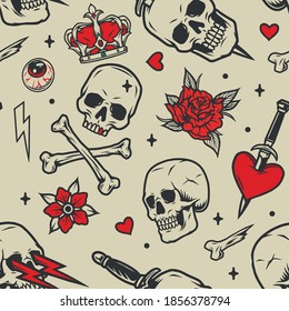 Vintage tattoos seamless pattern with skulls royal crown flowers human eye lightning crossbones heart pierced with dagger in black and red colors vector illustration