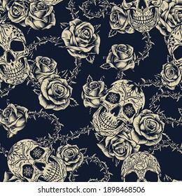 Vintage tattoos seamless pattern with sugar skulls roses barbed wire with leaves and sharp spikes vector illustration
