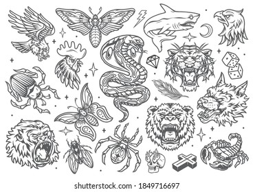 Vintage tattoos set with shark butterfly bug spider fly rooster bear tiger wolf eagle gorilla heads snake scorpio dice diamond cross skull with flames from eyes isolated vector illustration