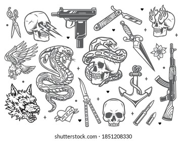 Vintage tattoos set with UZI submachine gun assault rifle AK47 dagger scissors anchor knives bullets wolf head snake heart eagle skulls with lightnings and fire from eyes isolated vector illustration