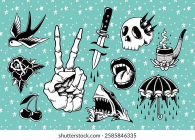 Vintage tattoo-style illustration with skull, dagger, and shark. Features a peace sign, umbrella, and cherries. Retro tattoo art with bold designs and classic motifs. Vintage art illustration, vector.