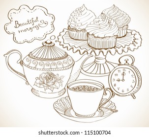 vintage tea background, hand drawn set for breakfast, vector