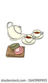 Vintage Tea and ceramic kettle with bread rolls on wood