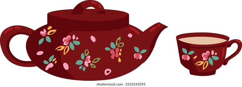 Vintage tea ceremony. Floral ornament retro teapot