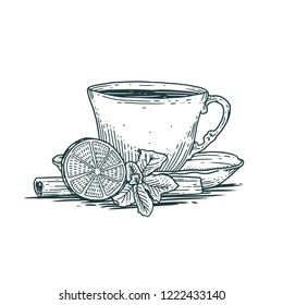 Vintage tea cup drawing outline hand drawn sketch line art doodle vector illustration