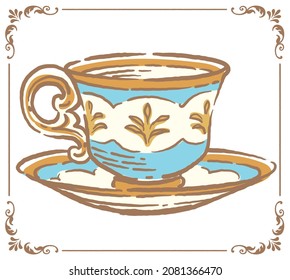 Vintage tea cup and saucer. Vector illustration.