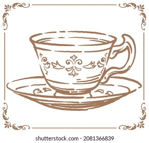 Vintage tea cup and saucer. Vector illustration.