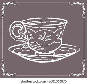 Té vintage y platillo. Ilustración vectorial.