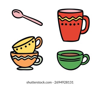 Vintage tea cups, cozy hand drawn doodle style. Vector illustration.
