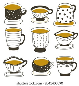 Vintage tea cups set. Tea and coffee cups. Vector illustration