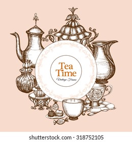 Vintage tea frame with traditional sketch kitchen utencil vector illustration