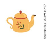 Vintage tea kettle and cozy teapot, herbs. Rustic teapot with autumn herbal drink, teacup, leaves. Colored flat vector illustration isolated on white background