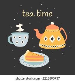 hervidor de té vintage, taza con vapor caliente y plato con tarta de calabaza, ilustración vectorial plana de color aislada en fondo negro, afiche de té de dibujos animados