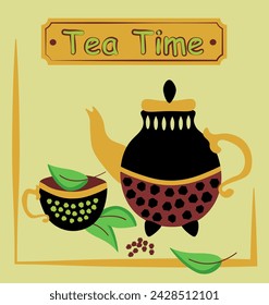 Vintage tea kettle with cup. Rustic teapot with teacup, leaves composition. Colored flat vector illustration isolated on white background