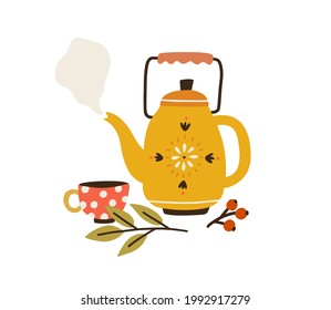 Vintage tea kettle with hot steam, cup and herbs. Rustic teapot with autumn herbal drink, teacup, leaves and berries composition. Colored flat vector illustration isolated on white background