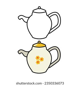 Vintage tea kettle with hot steam, cup and herbs. Rustic teapot with autumn herbal drink, teacup, leaves and berries composition. Colored flat vector illustration isolated on white background