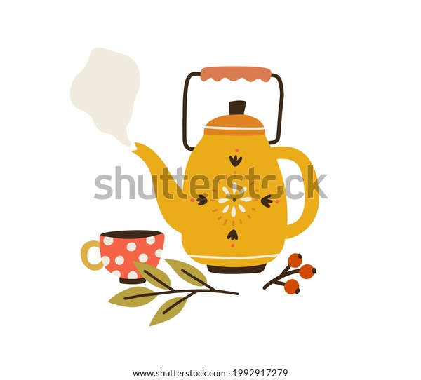Vintage\
tea kettle with hot steam, cup and herbs. Rustic teapot with autumn\
herbal drink, teacup, leaves and berries composition. Colored flat\
vector illustration isolated on white\
background