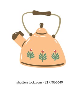 Un hervidor de té de época. Tetera beige claro con objeto de hojas aisladas en un fondo blanco. Vajilla de cerámica de cocina. Ilustración vectorial de dibujos animados a mano.  Imprimir, afiche, icono para el diseño