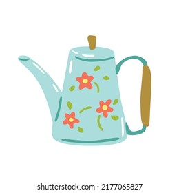 Vintage-Teekessel. Leichte Smaragdteekanne mit Blumenobjekten einzeln auf weißem Hintergrund. Geschirr aus Küchenherd. Handgezeichnete, farbige Cartoon-Vektorgrafik.  Print, Poster, Symbol für Design