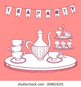 Vintage tea party invitation on pink background