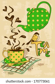 Vintage tea party invitation with teapot, teacup, saucer, spoon and bird