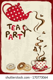 Vintage tea party invitation with teapot, teacup, saucer, spoon and bird