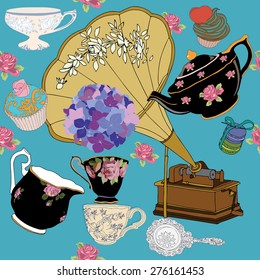 Vintage tea party with old gramophone